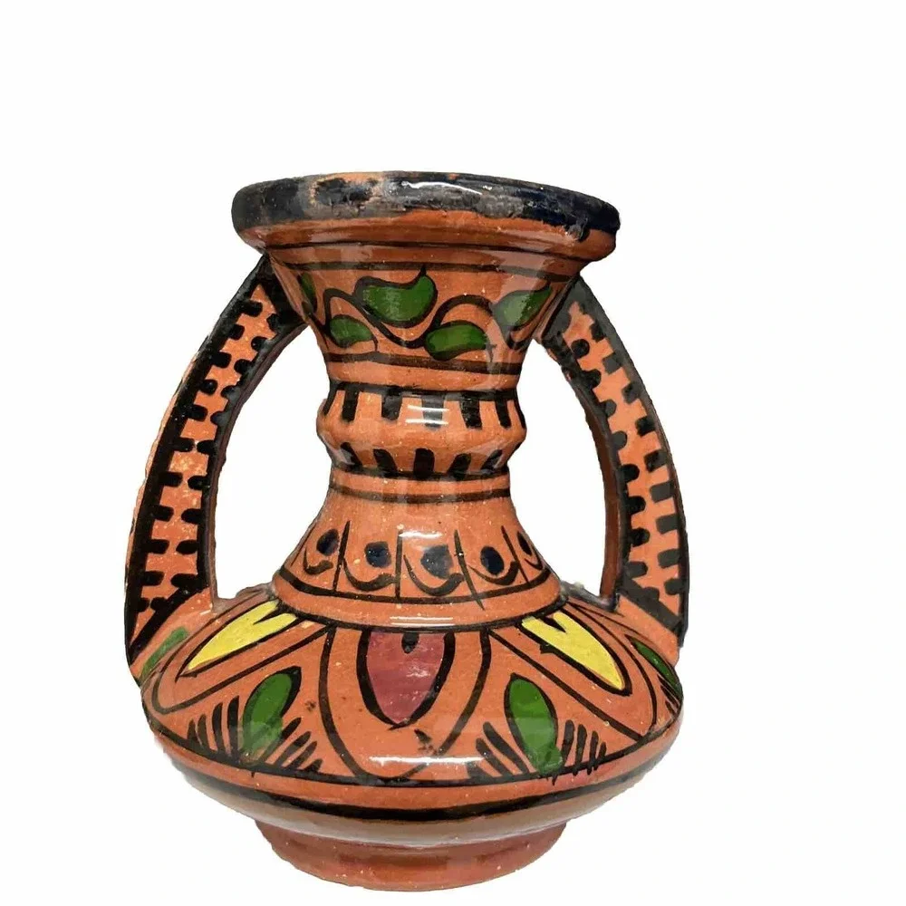 Vtg Hand Made Ruffled Vase Red Clay SAFI Pottery Hand Painted